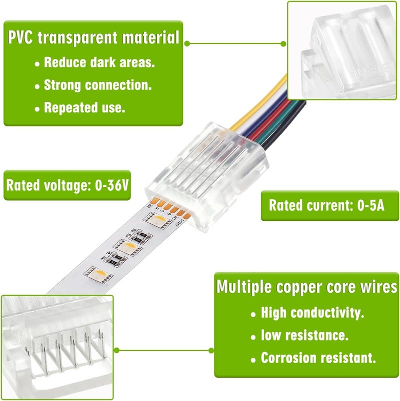 EPLZON6 Pin 12 mm LED Strip Connector LED Light Connector Strip to Wire Quick Connector RGB Lights Adapter Clear Unwired Gapless Track Lighting Connector for 5050 LED RGB Strip Light(20pcs) - Image 3